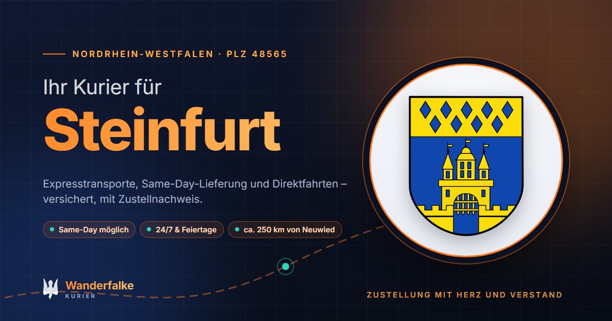 Kurierdienst Steinfurt: Wappen von Steinfurt und das Angebot von Wanderfalke Kurier – Express, Same-Day und Direktfahrt ab Neuwied