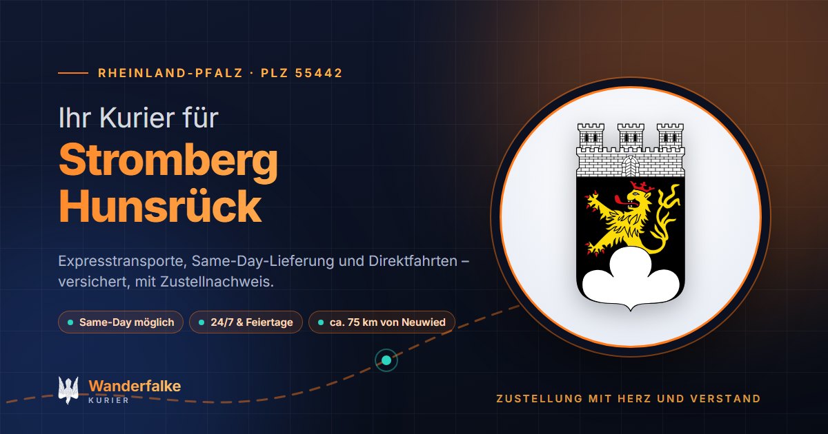 Kurierdienst Stromberg Hunsrück: Wappen von Stromberg Hunsrück und das Angebot von Wanderfalke Kurier – Express, Same-Day und Direktfahrt ab Neuwied