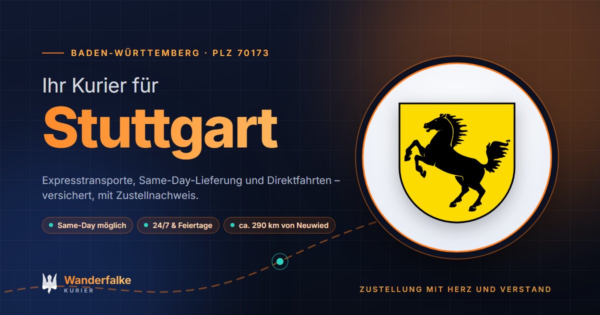 Kurierdienst Stuttgart: Wappen von Stuttgart und das Angebot von Wanderfalke Kurier – Express, Same-Day und Direktfahrt ab Neuwied