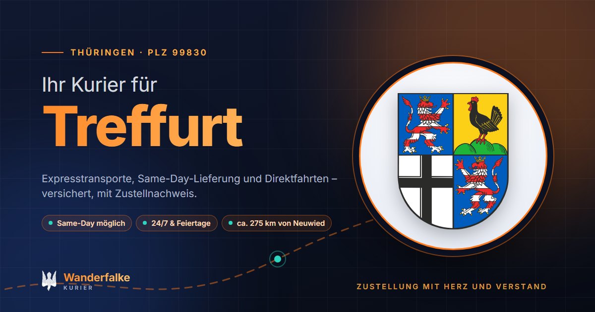 Kurierdienst Treffurt: Wappen von Treffurt und das Angebot von Wanderfalke Kurier – Express, Same-Day und Direktfahrt ab Neuwied