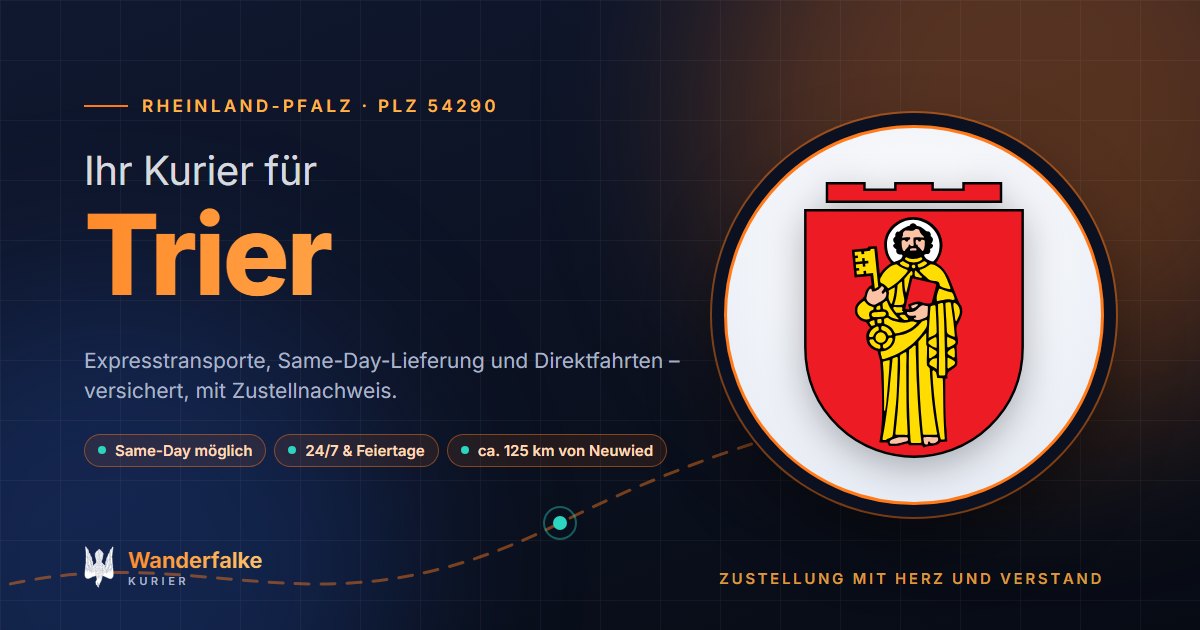Kurierdienst Trier: Wappen von Trier und das Angebot von Wanderfalke Kurier – Express, Same-Day und Direktfahrt ab Neuwied