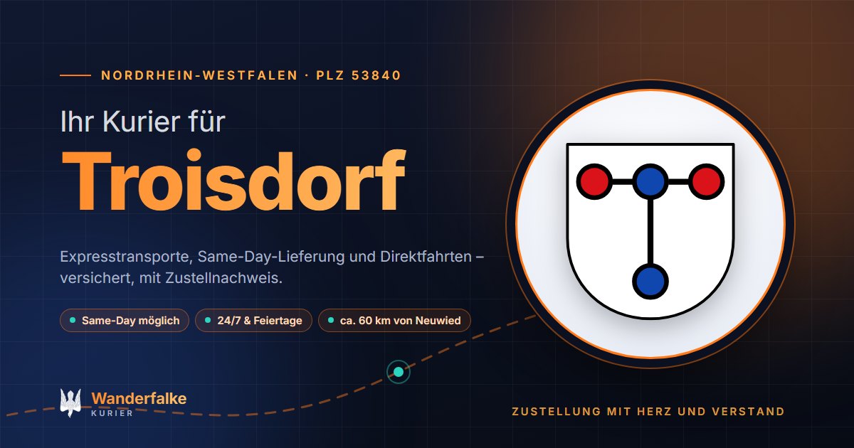 Kurierdienst Troisdorf: Wappen von Troisdorf und das Angebot von Wanderfalke Kurier – Express, Same-Day und Direktfahrt ab Neuwied