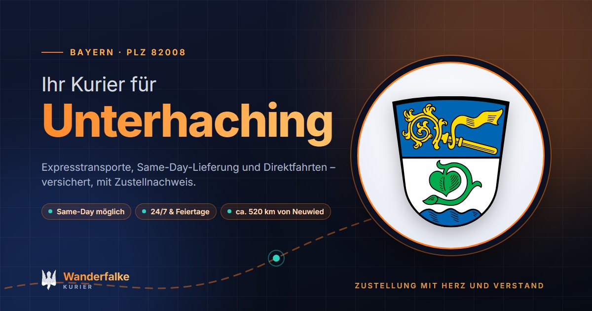 Kurierdienst Unterhaching: Wappen von Unterhaching und das Angebot von Wanderfalke Kurier – Express, Same-Day und Direktfahrt ab Neuwied