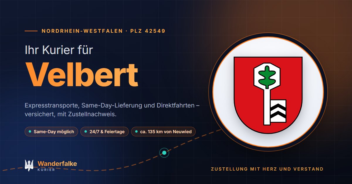 Kurierdienst Velbert: Wappen von Velbert und das Angebot von Wanderfalke Kurier – Express, Same-Day und Direktfahrt ab Neuwied