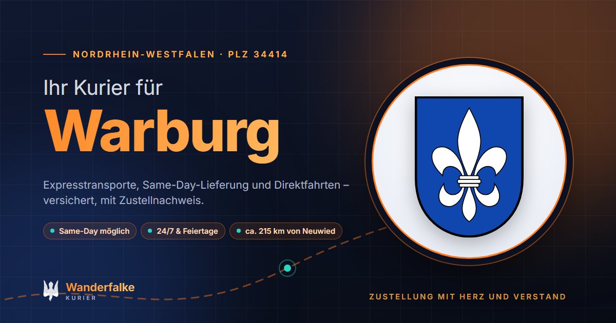 Kurierdienst Warburg: Wappen von Warburg und das Angebot von Wanderfalke Kurier – Express, Same-Day und Direktfahrt ab Neuwied