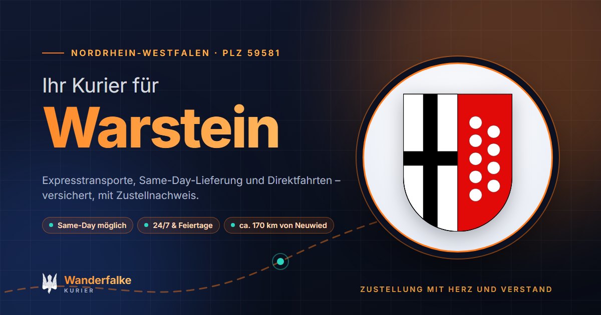 Kurierdienst Warstein: Wappen von Warstein und das Angebot von Wanderfalke Kurier – Express, Same-Day und Direktfahrt ab Neuwied