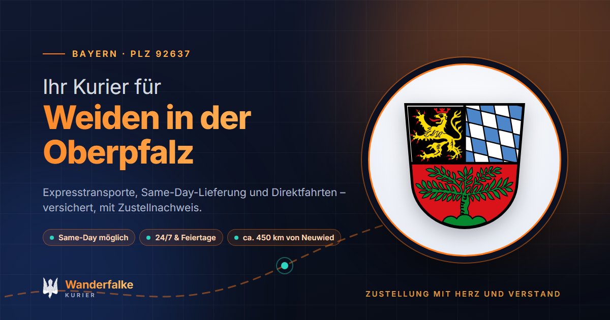 Kurierdienst Weiden in der Oberpfalz: Wappen von Weiden in der Oberpfalz und das Angebot von Wanderfalke Kurier – Express, Same-Day und Direktfahrt ab Neuwied