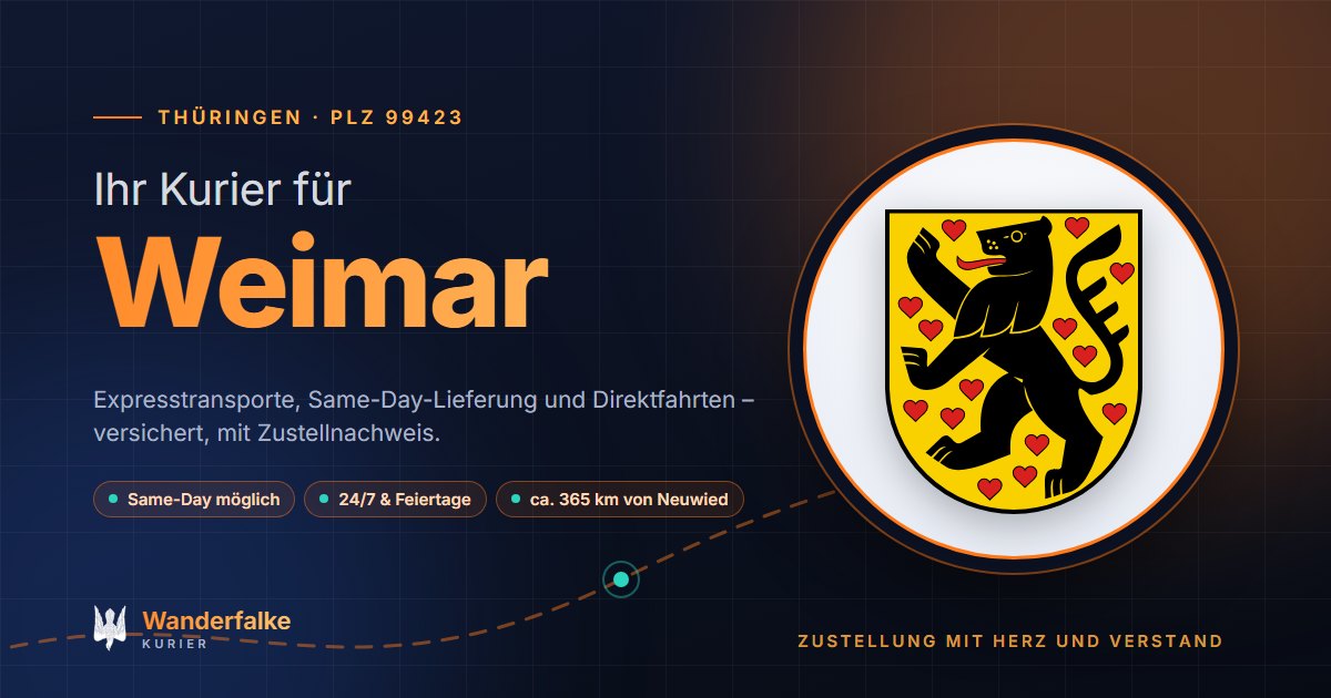 Kurierdienst Weimar: Wappen von Weimar und das Angebot von Wanderfalke Kurier – Express, Same-Day und Direktfahrt ab Neuwied