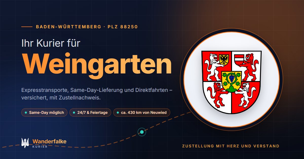 Kurierdienst Weingarten: Wappen von Weingarten und das Angebot von Wanderfalke Kurier – Express, Same-Day und Direktfahrt ab Neuwied