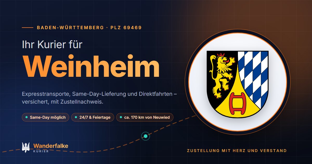 Kurierdienst Weinheim: Wappen von Weinheim und das Angebot von Wanderfalke Kurier – Express, Same-Day und Direktfahrt ab Neuwied