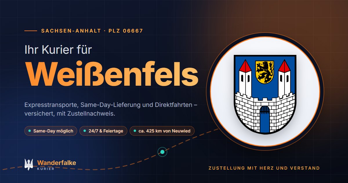 Kurierdienst Weißenfels: Wappen von Weißenfels und das Angebot von Wanderfalke Kurier – Express, Same-Day und Direktfahrt ab Neuwied