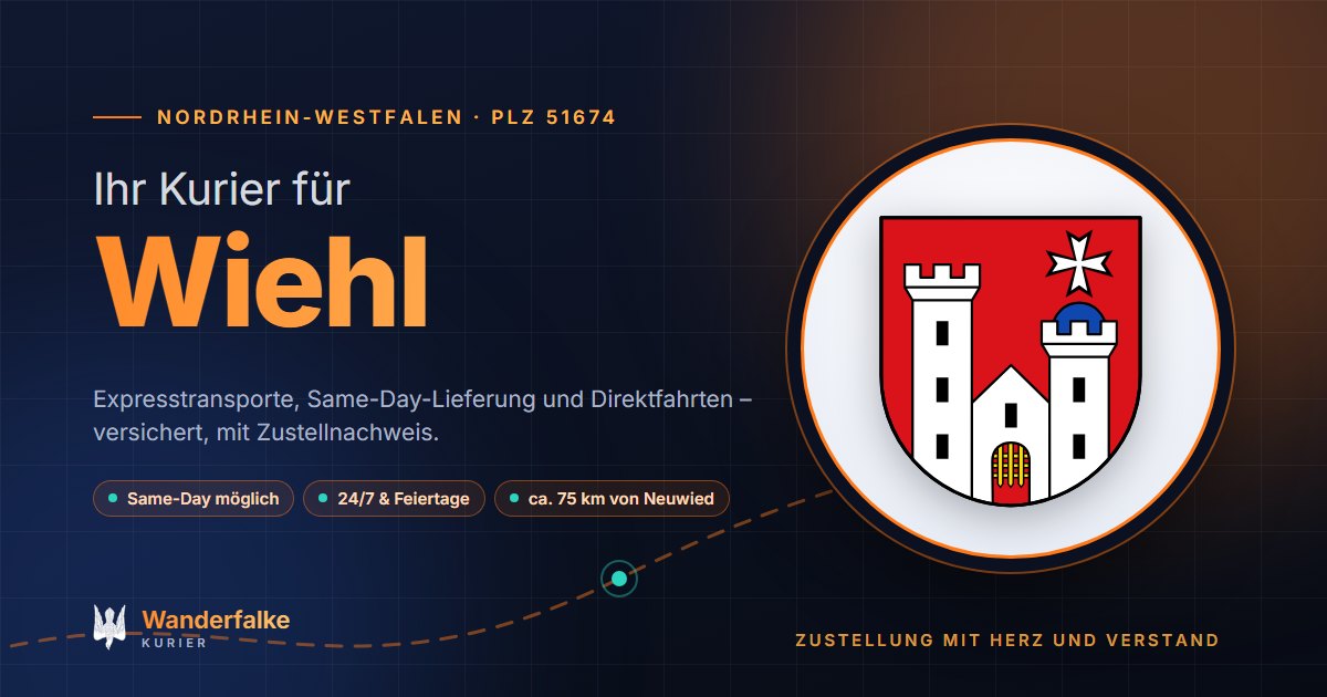 Kurierdienst Wiehl: Wappen von Wiehl und das Angebot von Wanderfalke Kurier – Express, Same-Day und Direktfahrt ab Neuwied