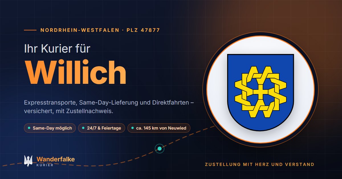 Kurierdienst Willich: Wappen von Willich und das Angebot von Wanderfalke Kurier – Express, Same-Day und Direktfahrt ab Neuwied