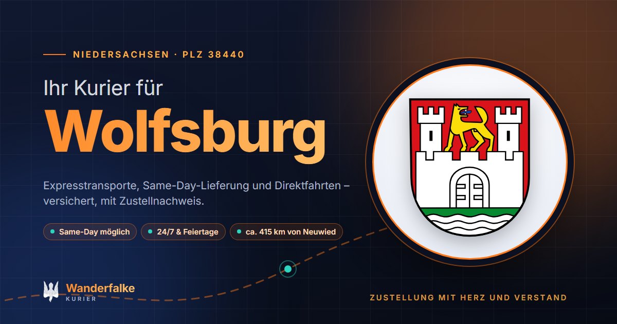 Kurierdienst Wolfsburg: Wappen von Wolfsburg und das Angebot von Wanderfalke Kurier – Express, Same-Day und Direktfahrt ab Neuwied