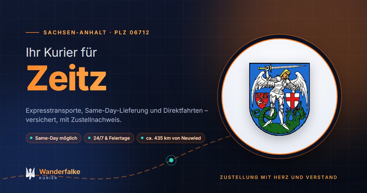Kurierdienst Zeitz: Wappen von Zeitz und das Angebot von Wanderfalke Kurier – Express, Same-Day und Direktfahrt ab Neuwied