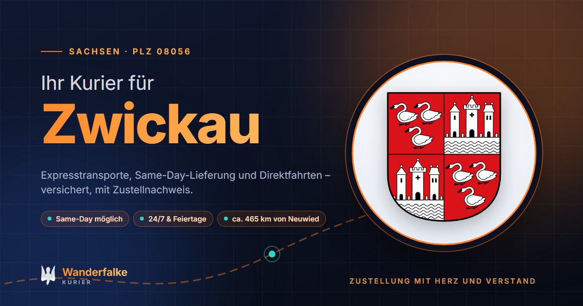 Kurierdienst Zwickau: Wappen von Zwickau und das Angebot von Wanderfalke Kurier – Express, Same-Day und Direktfahrt ab Neuwied